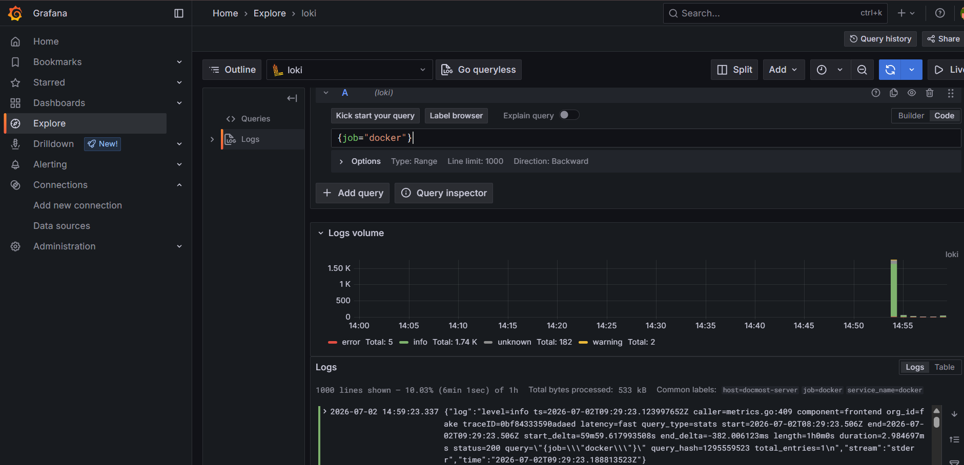 Loki query showing Docker container logs in Grafana Explore